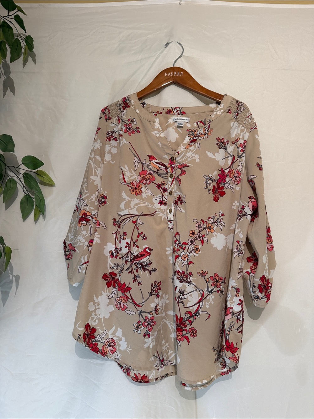 croft & barrow Beige Tunic with Red & White Floral Motif